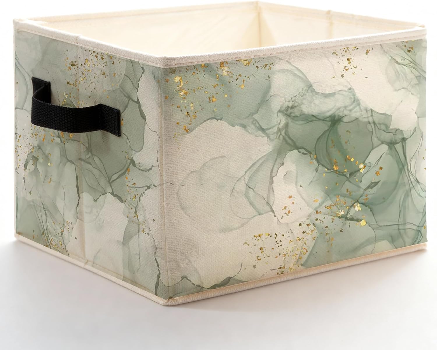 Abstract Sage Green and Gold Storage Bins Box with Handles, Luxury Green Marble Modern Boho Abstract Foldable Basket Toybox for Bedroom Bathroom Laundry Room Home Clothes Toys Books
