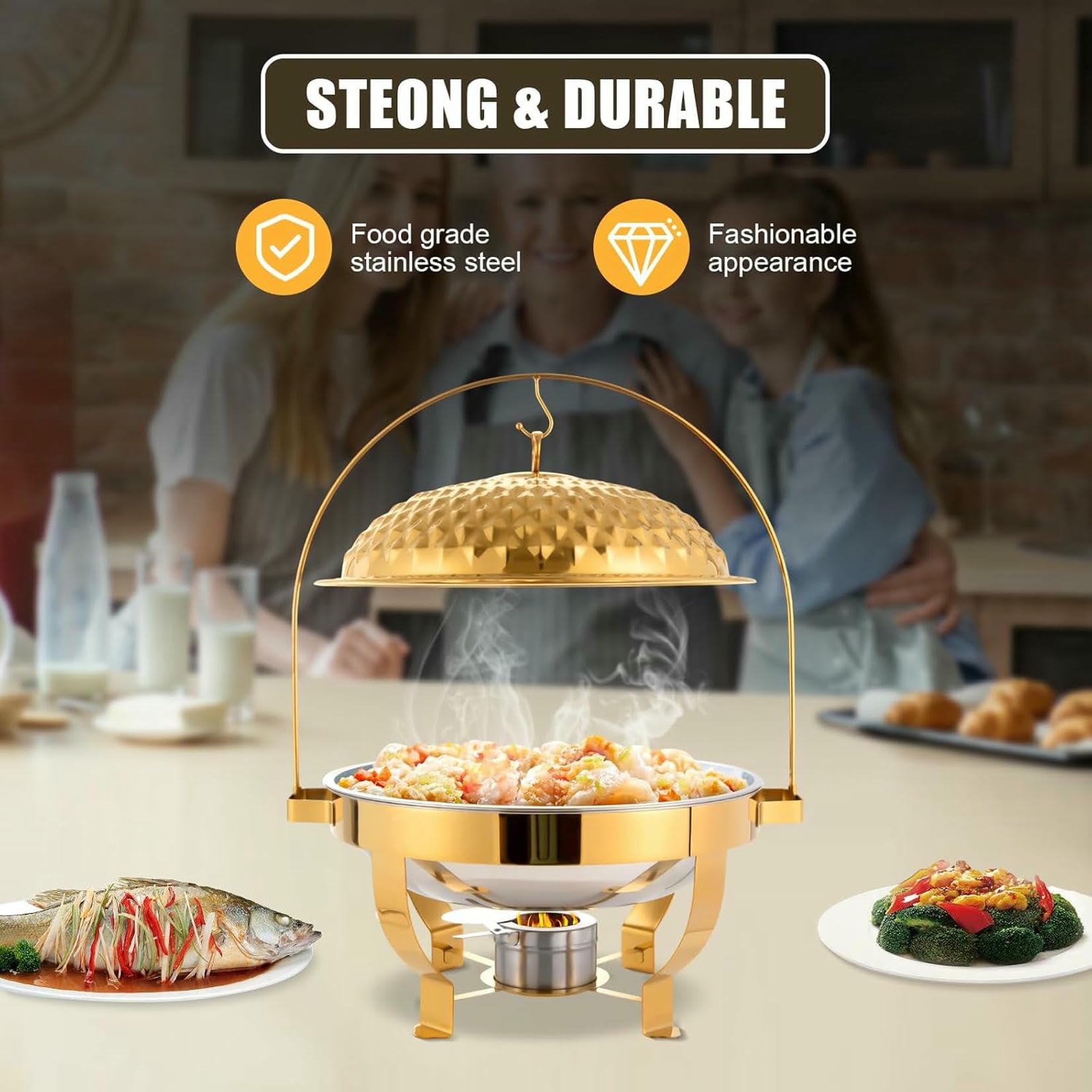 Scaldavivande rotondo in acciaio inox con coperchio sospeso, 8 QT, con bruciatore ad alcol per catering, matrimoni, feste, ristoranti e banchetti