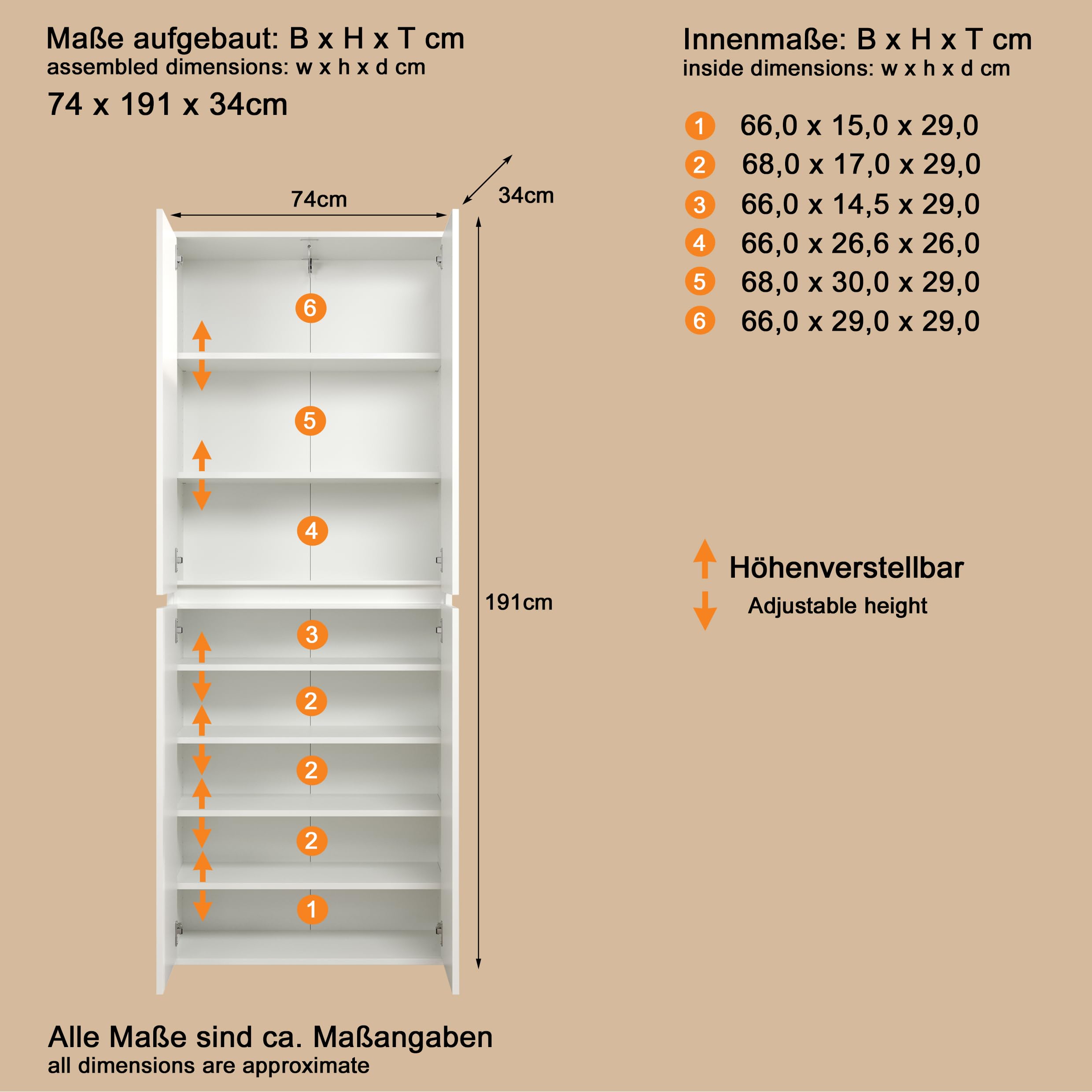 trendteam smart living - Nevada - Mehrzweckschrank - Weiß - Schrank mit 4 Türen, 6 Einlegeböden und 1 Kleiderstange - (BxHxT) 74 x 191 x 34 cm - grifflose Türen