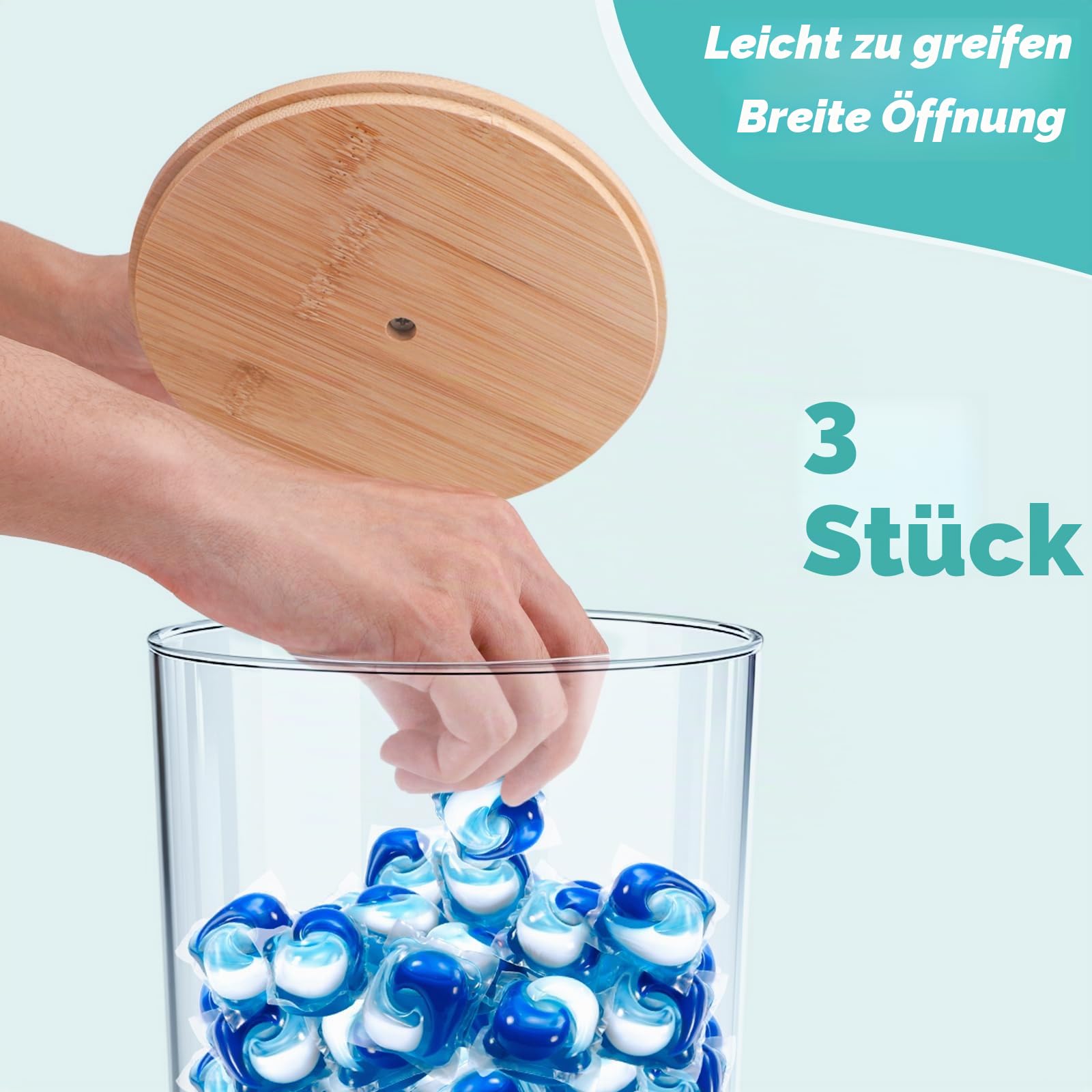 TCJJ 3 Stück Waschmittel Pod Aufbewahrung mit Etiketten, Hohe Kapazitä-Kunststoff-Waschpulverlagerung, Badezimmer-Waschmittel Organizer mit Bambusdeckel, für Waschpods, Badebomben, WäScheparfüm