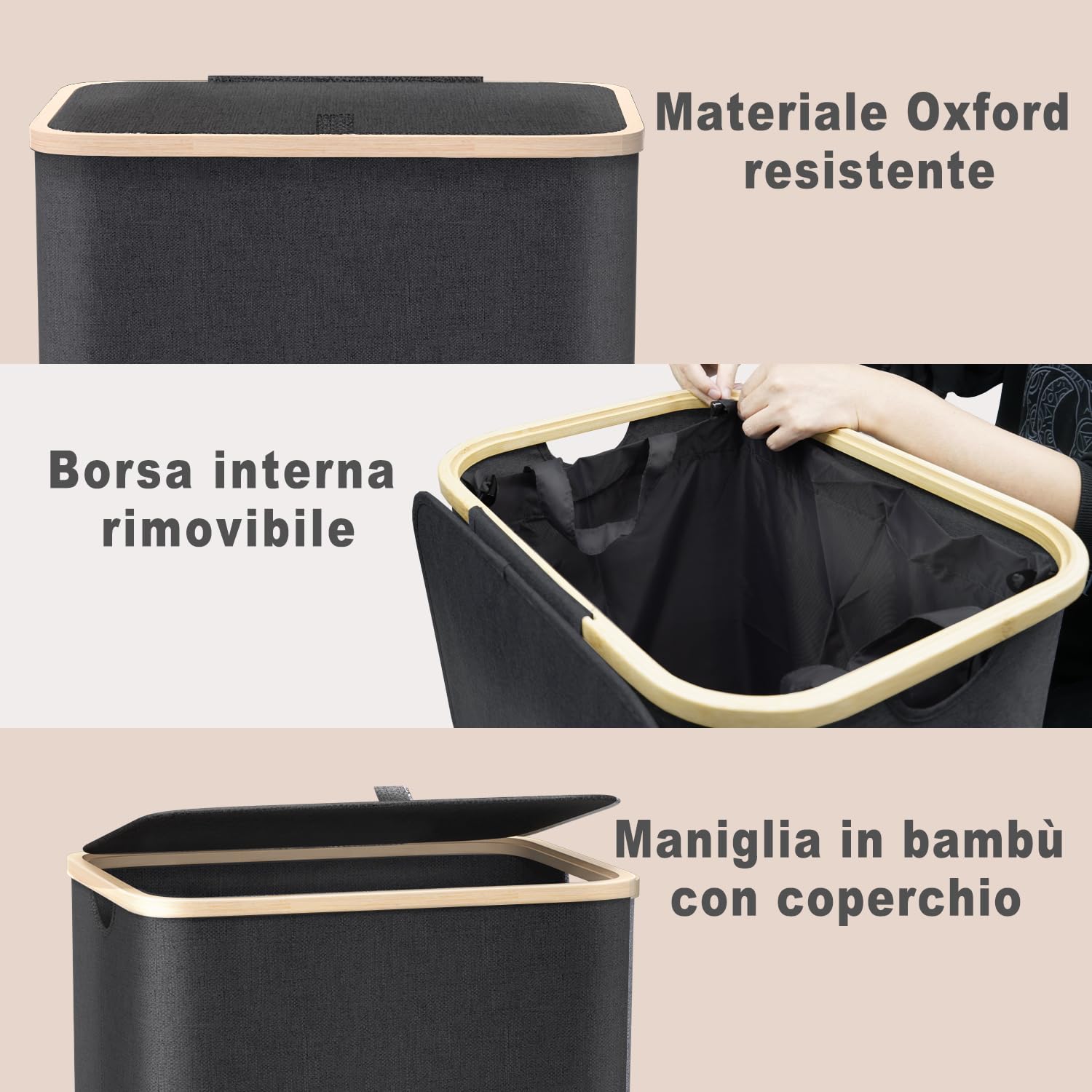 Cesto Portabiancheria Grande,con Coperchio,per Panni Sporchi XXL 100L con Manici in Bambù,Pieghevole per Bagno o Lavanderia Vestiti, Giocattoli