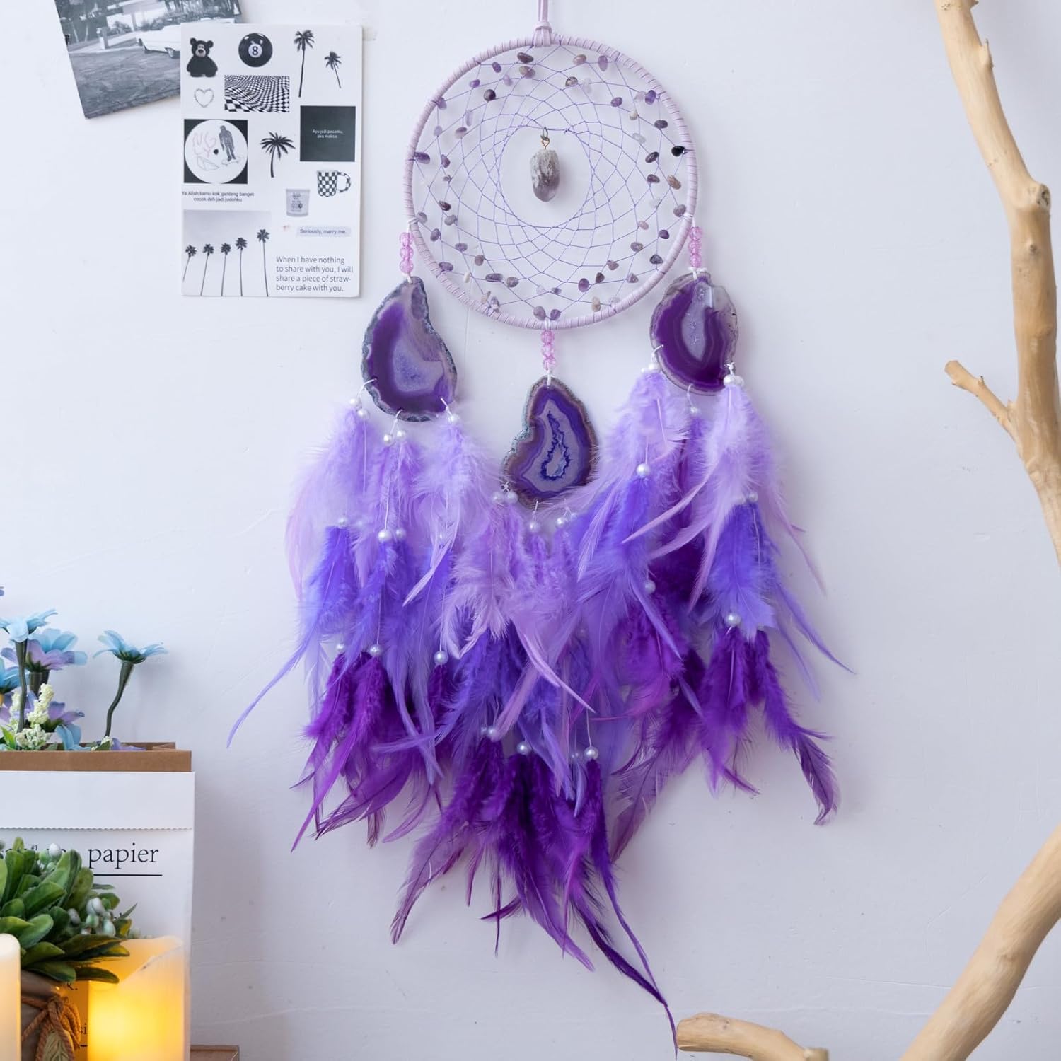 KHOYIME Purple Agate Dream Catcher Handmade with Amethyst Healing Crystal, Feather Boho Wall Hanging Decor Bedroom Gift for Women Girls