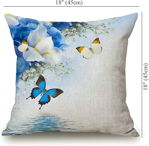 Miniatura 4 de Solekla Funda de almohada floral de lino de algodón, flores silvestres azules y blancas con mariposas monarca, lirio, terapia, arte de spa, funda de