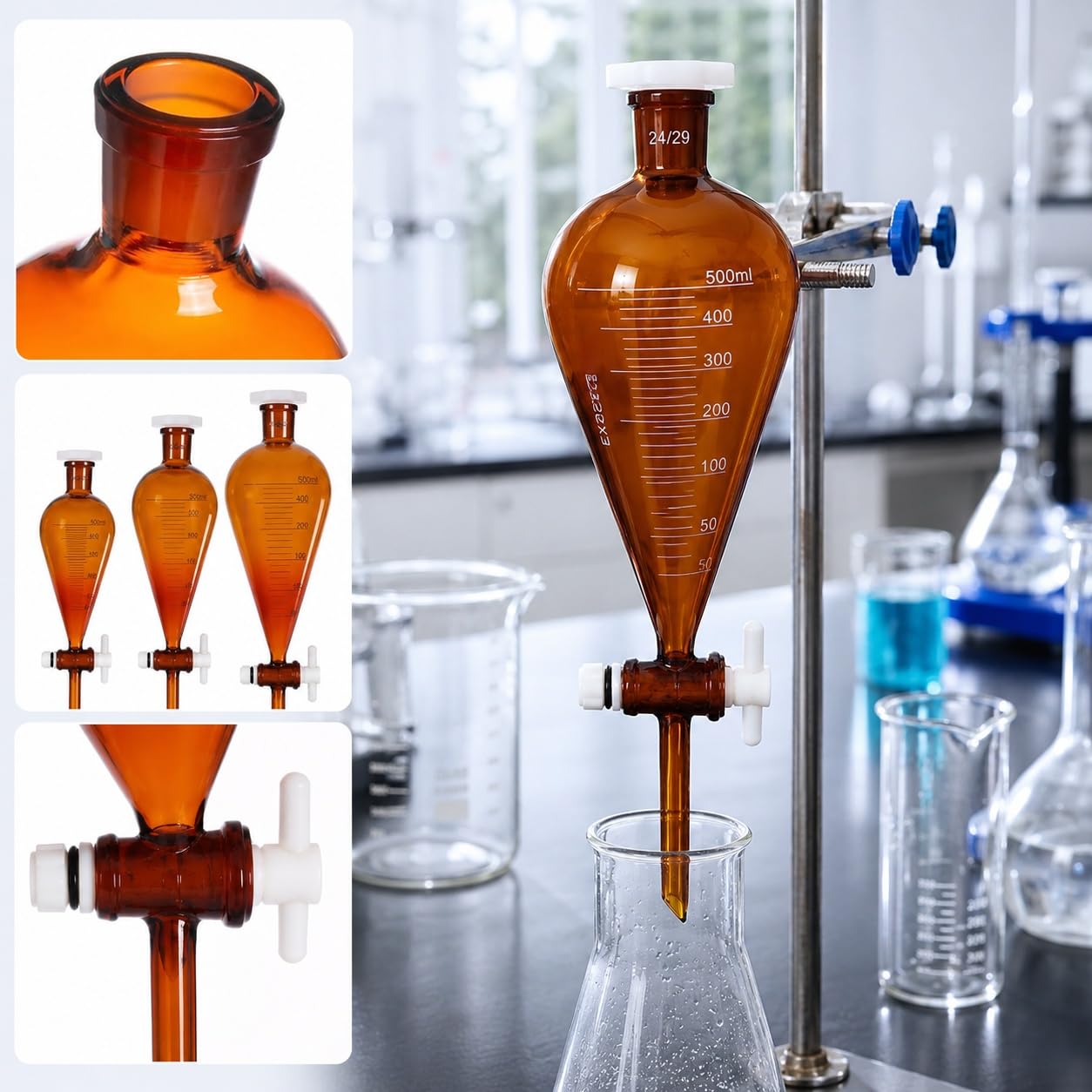 Braunglas Scheidetrichter Borosilikatglas mit PTFE Hahn Laborkolben-5000ml GL45