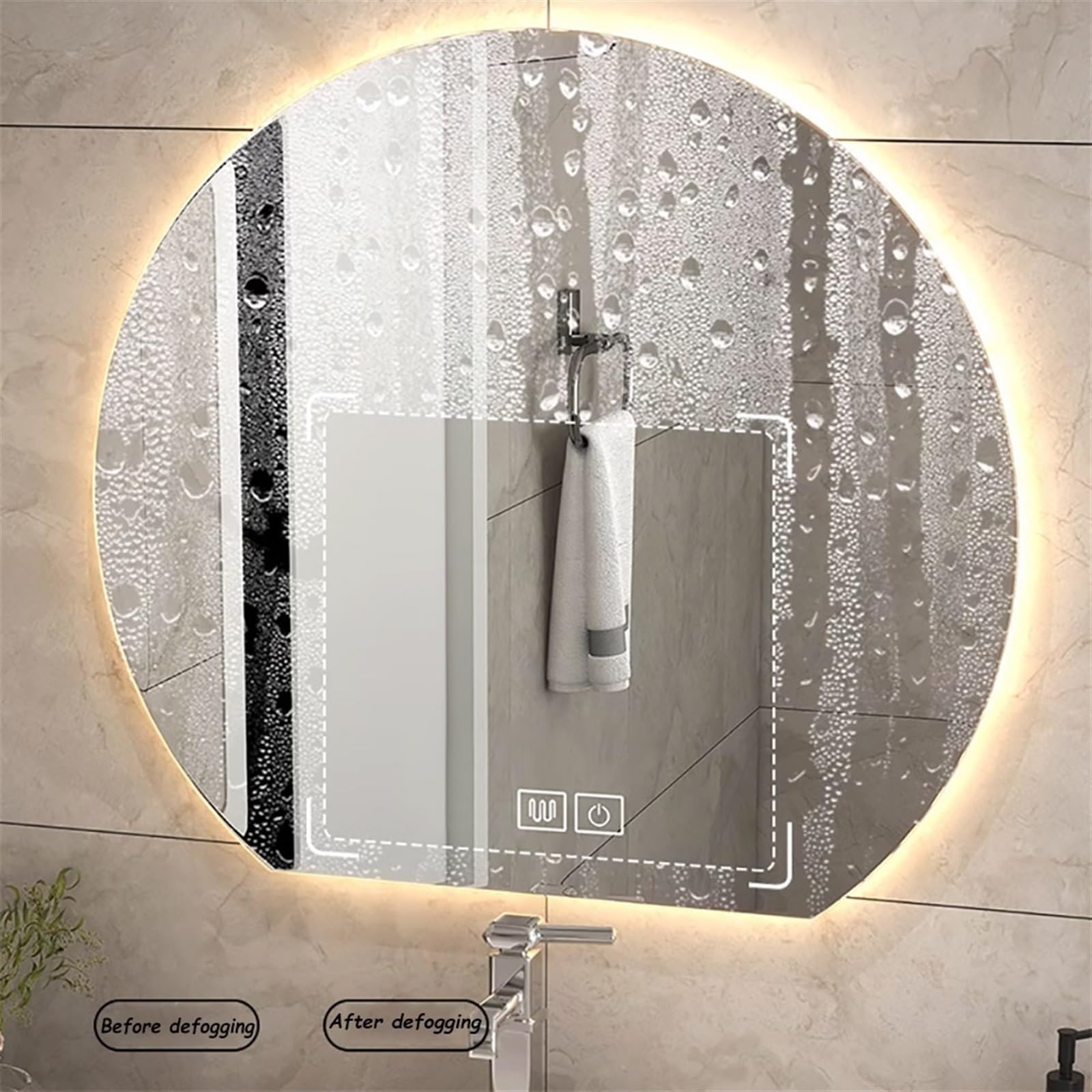 Okrągłe lustro łazienkowe z podświetleniem LED, 80/90 cm, przeciwmgielne, inteligentne lusterko kosmetyczne z przyciemnianym oświetleniem, nowoczesny łukowy design do luksusowej dekoracji domu