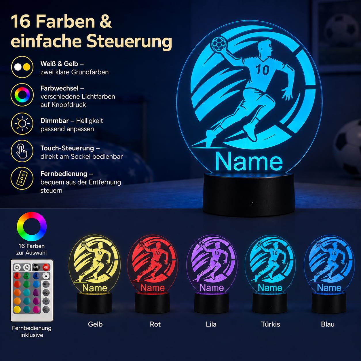 Personalisierte Handball Lampe – LED Nachtlicht mit Name – Geschenkidee für Handball Spieler, Trainer & Fans – dimmbare Tischlampe mit Fernbedienung – originelle Sport Deko fürs Kinderzimmer & Zuhause