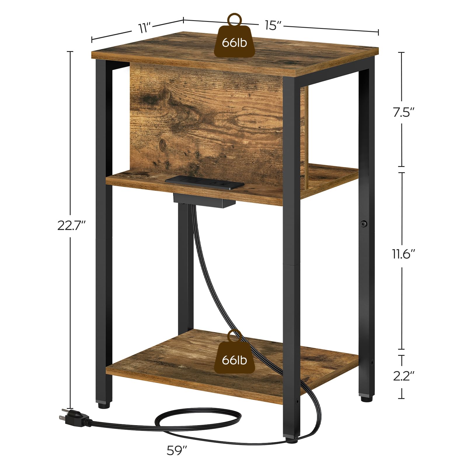 YATINEY End Table with Charging Station, Nightstand with Outlet, USB Port and Type C, 3-Tier Side Table with Adjustable Feet, for Living Room, Bedroom, Rustic Brown and Black ET58BR