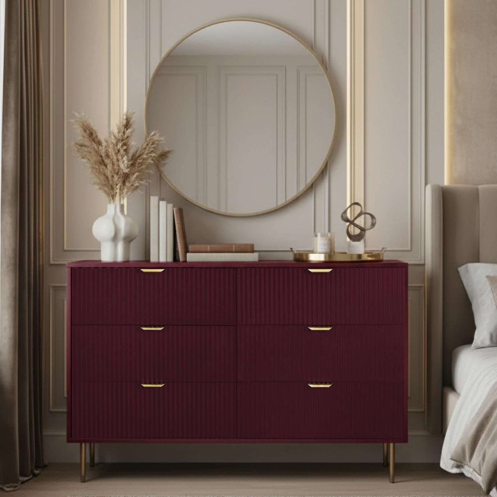 OHS 6 Drawer Chest of Drawers Bedroom Ribbed, Modern Space Saving Storage Wooden Cabinet with Metal Handles Storage Drawers Dresser for Bedroom Living Room Office, Dark Berry