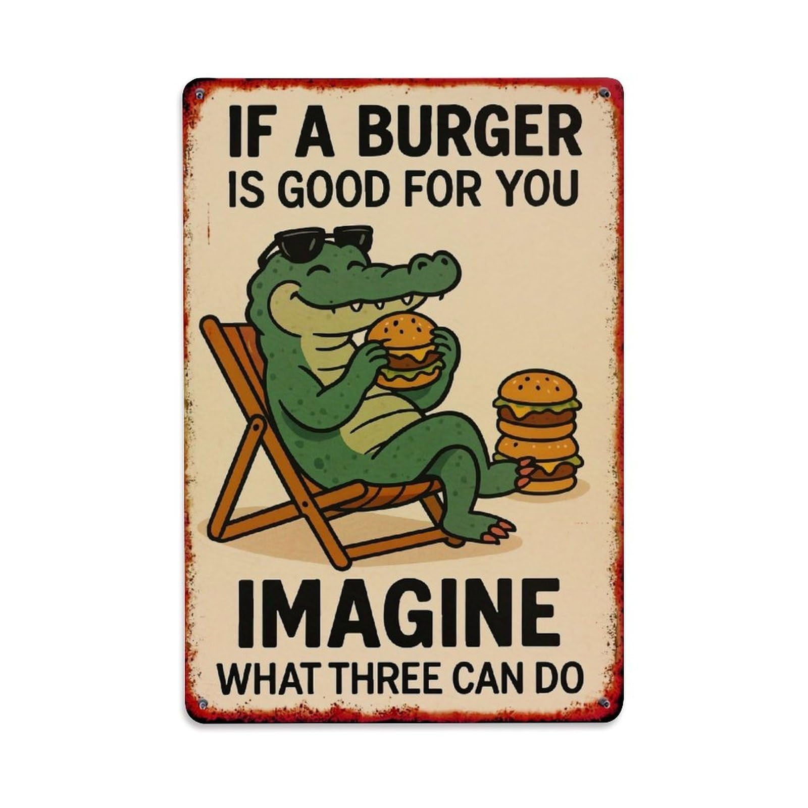 Jdyaojiesheng Vintage Crocodile Eating Burger Chair Stack Tin Sign Retro Metal Wall Decor Metal Poster, Home Bar Garage Farmhouse Cafe Wall Art Decoration 8X12inches