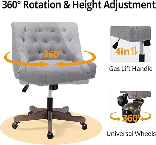 Miniatura 6 de Silla de oficina giratoria moderna tapizada de tela con respaldo ancho ergonómico y patas de madera silla de tocador giratoria de altura ajustable