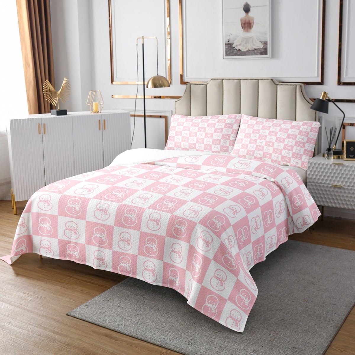 Erosebridal Christmas Snowman Quilt Set Queen Cute Xmas Gift Coverlet Set,Pink Christmas Bedspreads Lovely Romance Bedding Sets Bedroom Decor