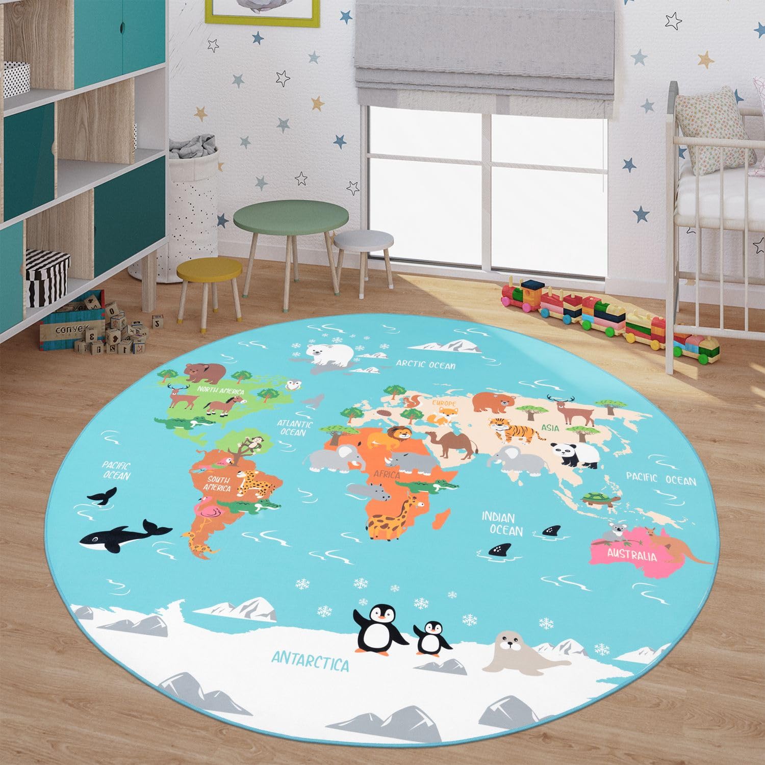 TT Home Tapis pour Enfants, Tapis de Jeu pour Chambres d'enfants, Carte du Monde avec Animaux, en Vert, Dimension:Ø 160 cm Rond