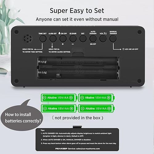 Miniatura 6 de Peakeep Reloj digital, reloj despertador, funciona con pilas, números grandes grandes 4 reguladores para personas mayores, reloj despertador de