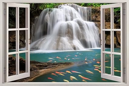 PRINTELLIGENT Vinyl Wall Sticker Nautical Waterfall Nature Window for Living Room | (Medium - 130 x 90 cm)