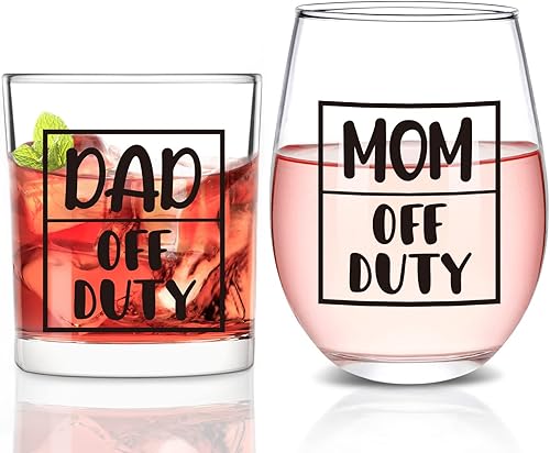 Modwnfy Regalos para padres recién nacidos para parejas, mamá y papá fuera de servicio Copa de vino sin tallo y vaso de whisky, regalos para nuevos