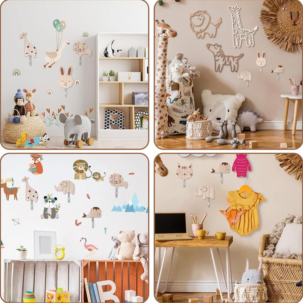 Ganci Adesivi Cucina Legno per Bambini Design Animali Carini Appendini da Muro Set 8 Pezzi
