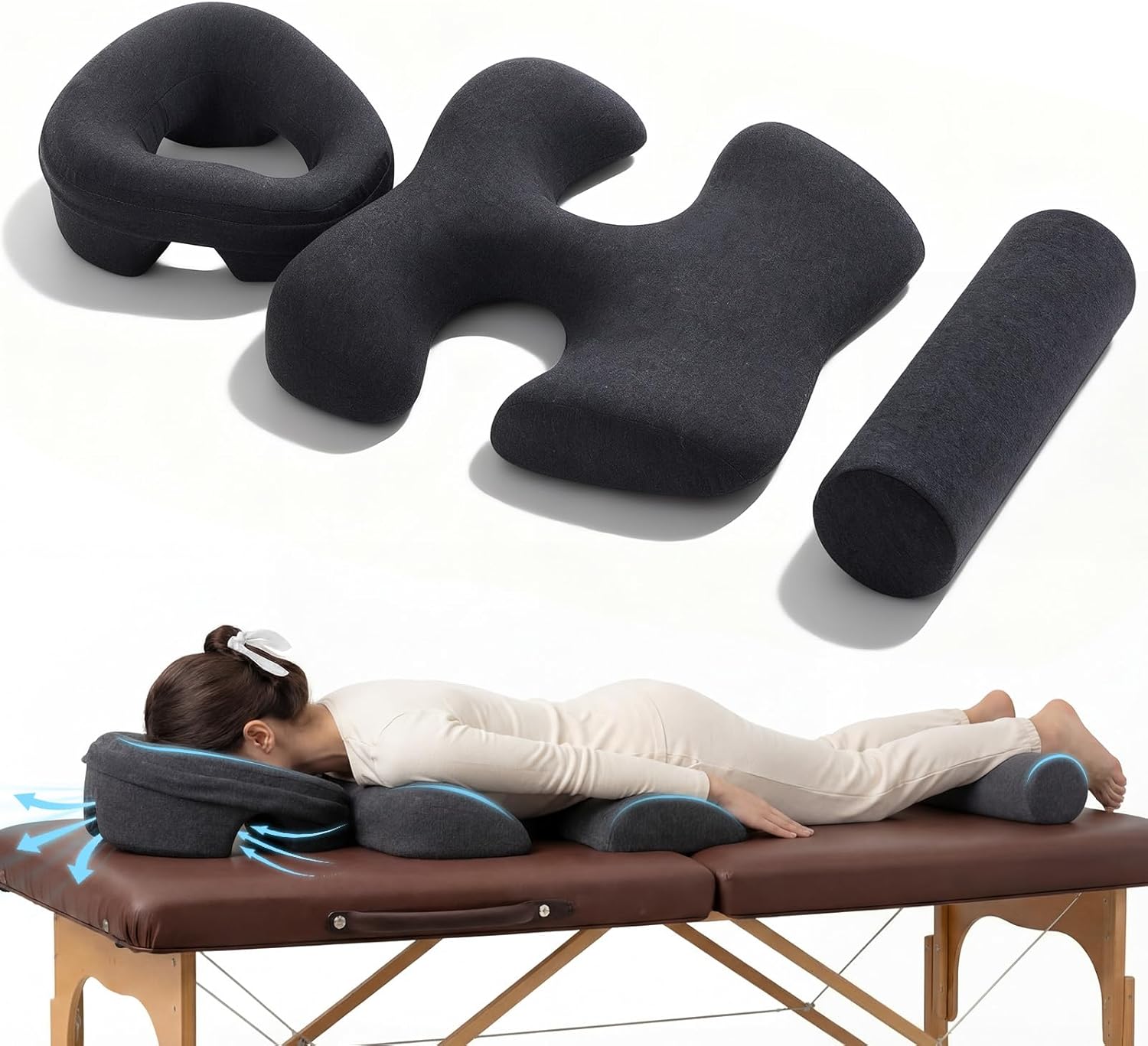 Breast Pillow, Massage Face Down Pillow and Footrest Set, Massage Bolster for Sleeping with Memory Foam Support & Non-Slip Bottom, Home Head, Chest and Foot Cushion for Spa, Bed(Dark Gray)