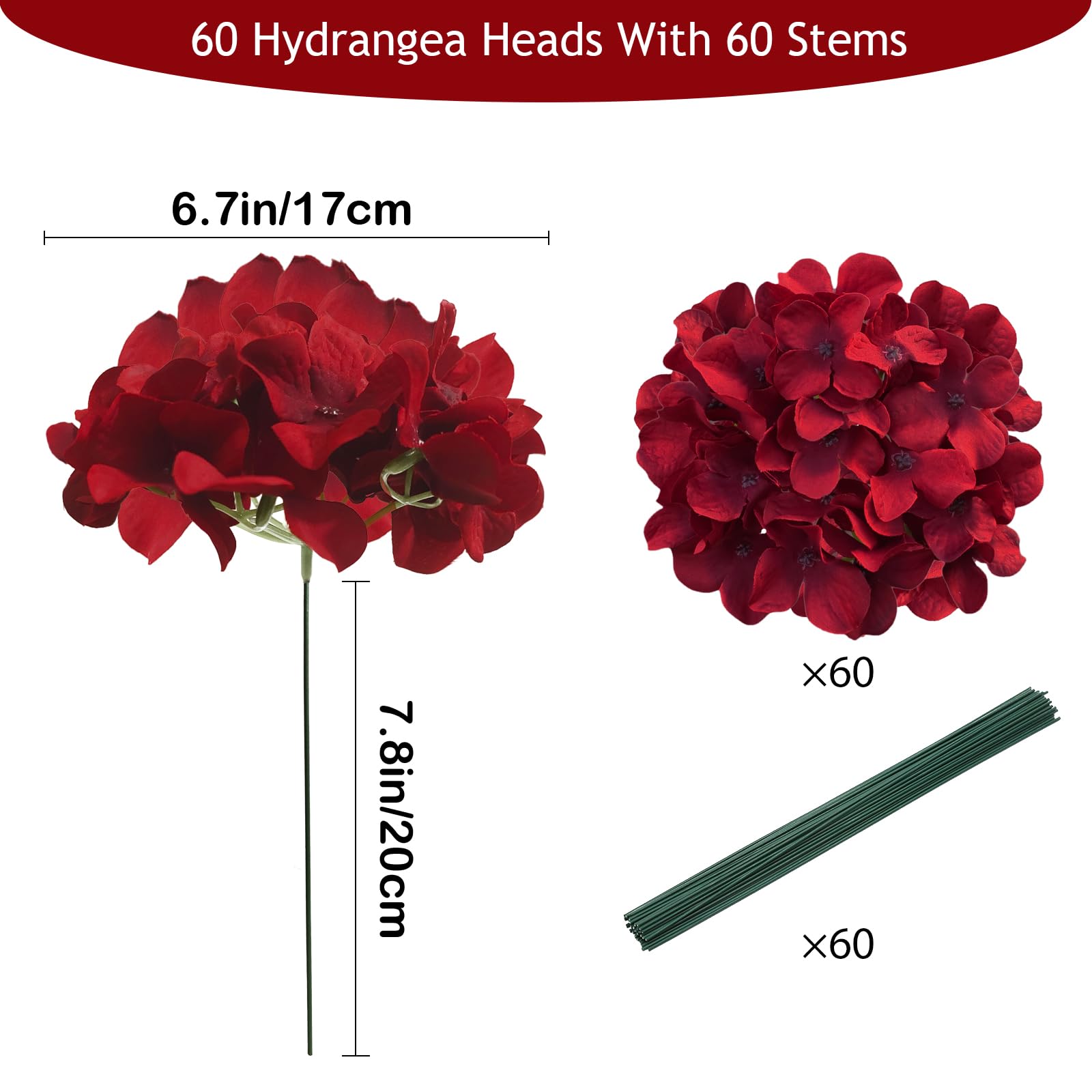 Rote Hortensien, künstliche Blumen, 60 Stück, künstliche Hortensien, künstliche Seiden-Hortensien, Blumen mit Stielen, rote Blumen, künstlich für Dekoration, Hochzeitsdekoration