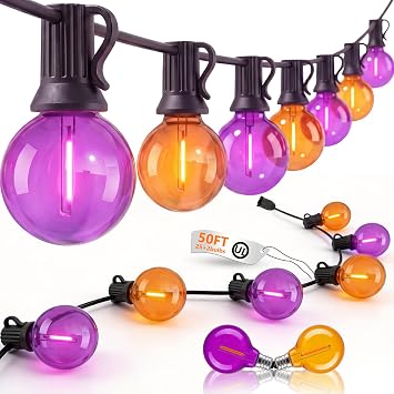 LED Outdoor Halloween Lights, 50FT 25 G40 Orange Purple Globe String Lights
