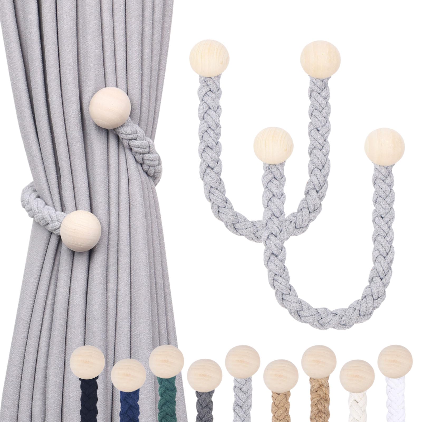 Pretty Jolly Wooden‑Ball Curtain Tiebacks, Soft Hand‑Woven Rope — image 1