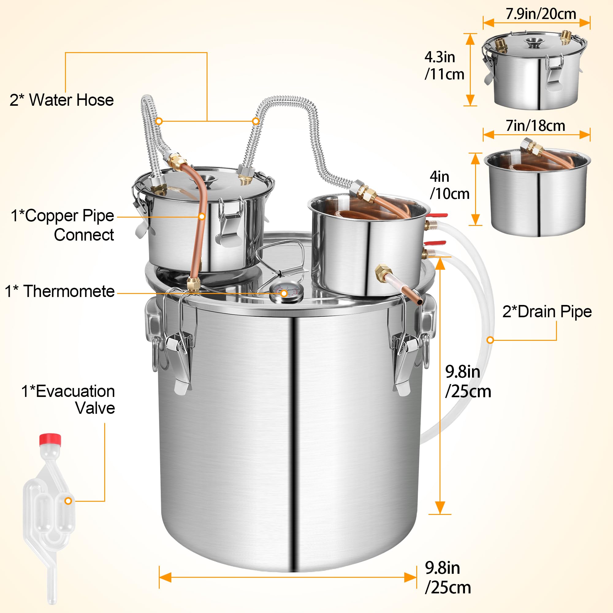 Rengue Alcohol Still 3 Gal, 12L Stainless Steel Alcohol Distiller Copper Tube with Thumper Keg, Home Brewing Kit Build-In Thermometer for DIY Whisky Wine Brandy Silver