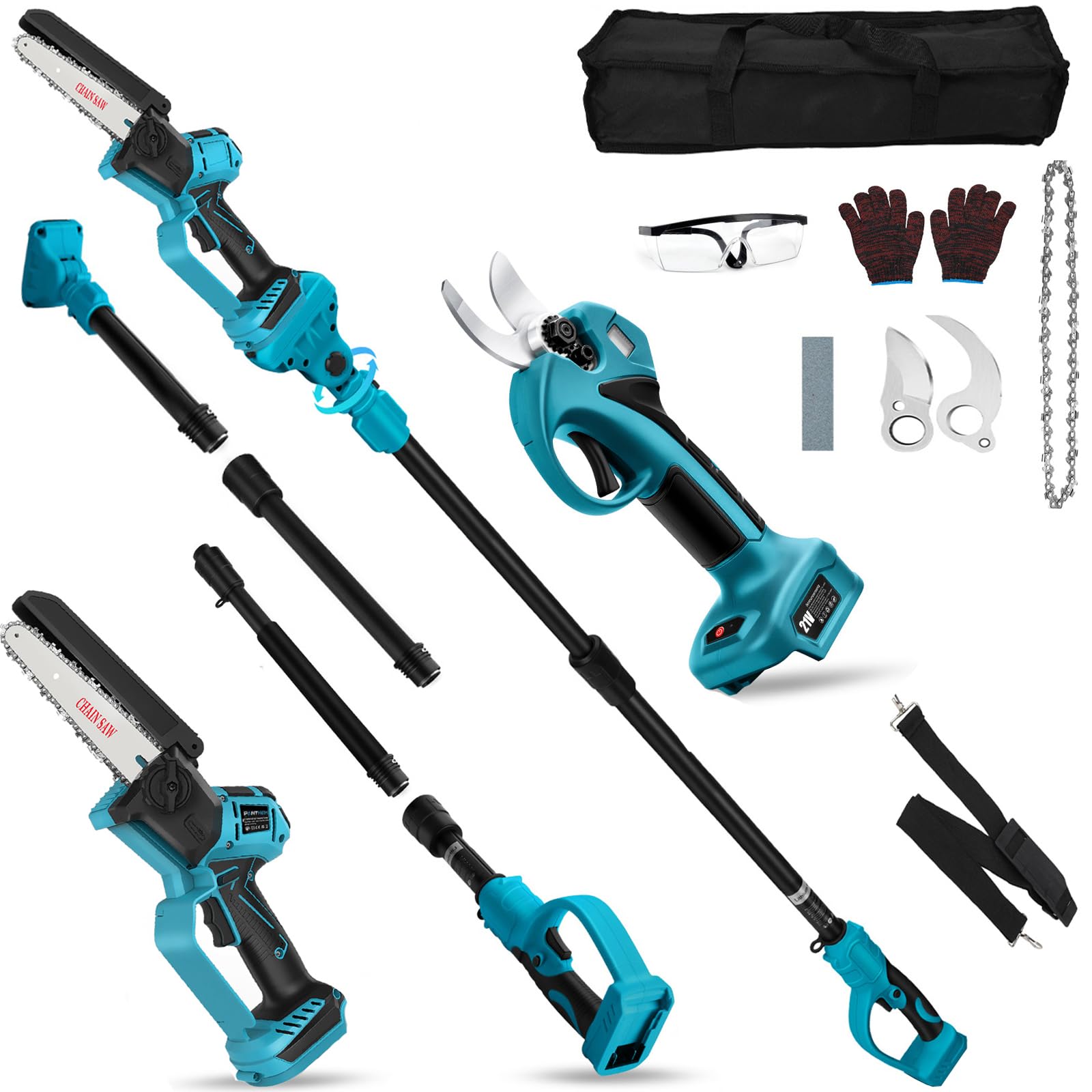 Mini tronçonneuse et Secateur Télescopique compatible avec Makita 18 V | sans batteries 4 en 1 Perche Élagueuse Secateur à Batterie sans fil avec Perche petite scie de verrouillage de sécurité