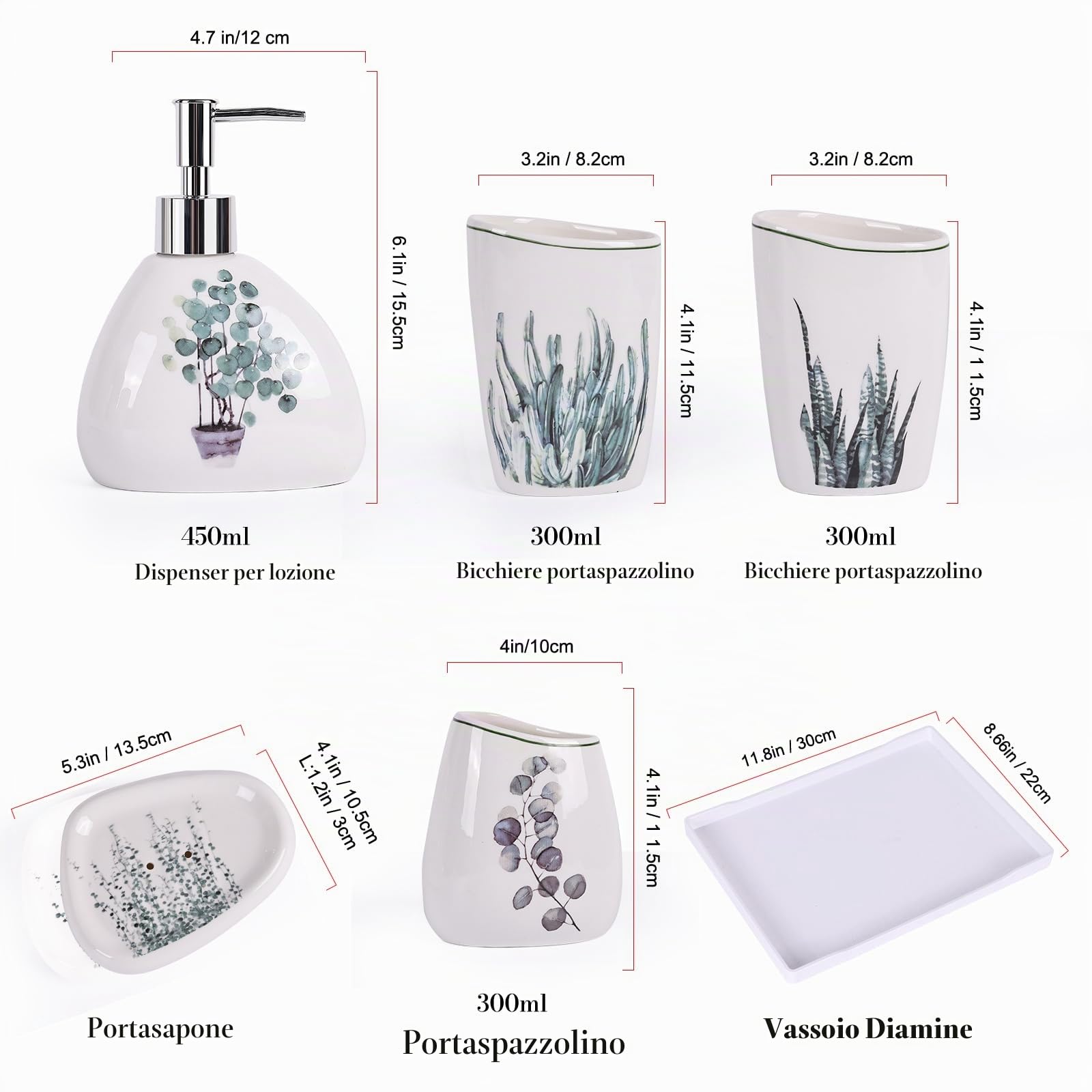 Elegante set da bagno in ceramica da 6 pezzi dotato di dispenser per lozione, bicchiere per collutorio, piatto per trucco, piatto per sapone, portaspazzolino e vassoio, moderno set di