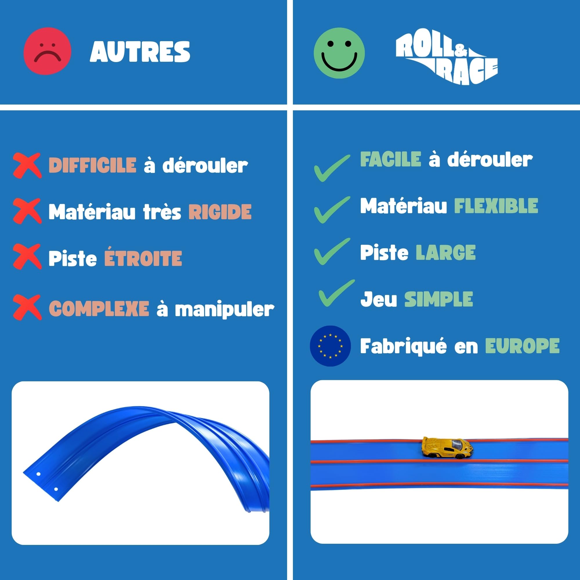 RollAndRace Circuit Voiture Flexible 400 cm - Made in Europe - Flexible Car Track - Piste de Voitures Enroulable - Circuit Cars - Cadeau Garcon - Jeu Enfant - Race Car Wheels