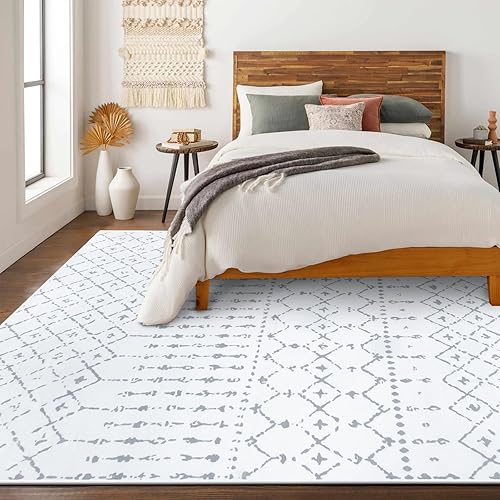 Miniatura 6 de LIVEBOX Alfombra bohemia lavable de 8 x 10 pies para sala de estar, alfombra marroquí antideslizante blanca y gris para dormitorio, alfombra de pelo
