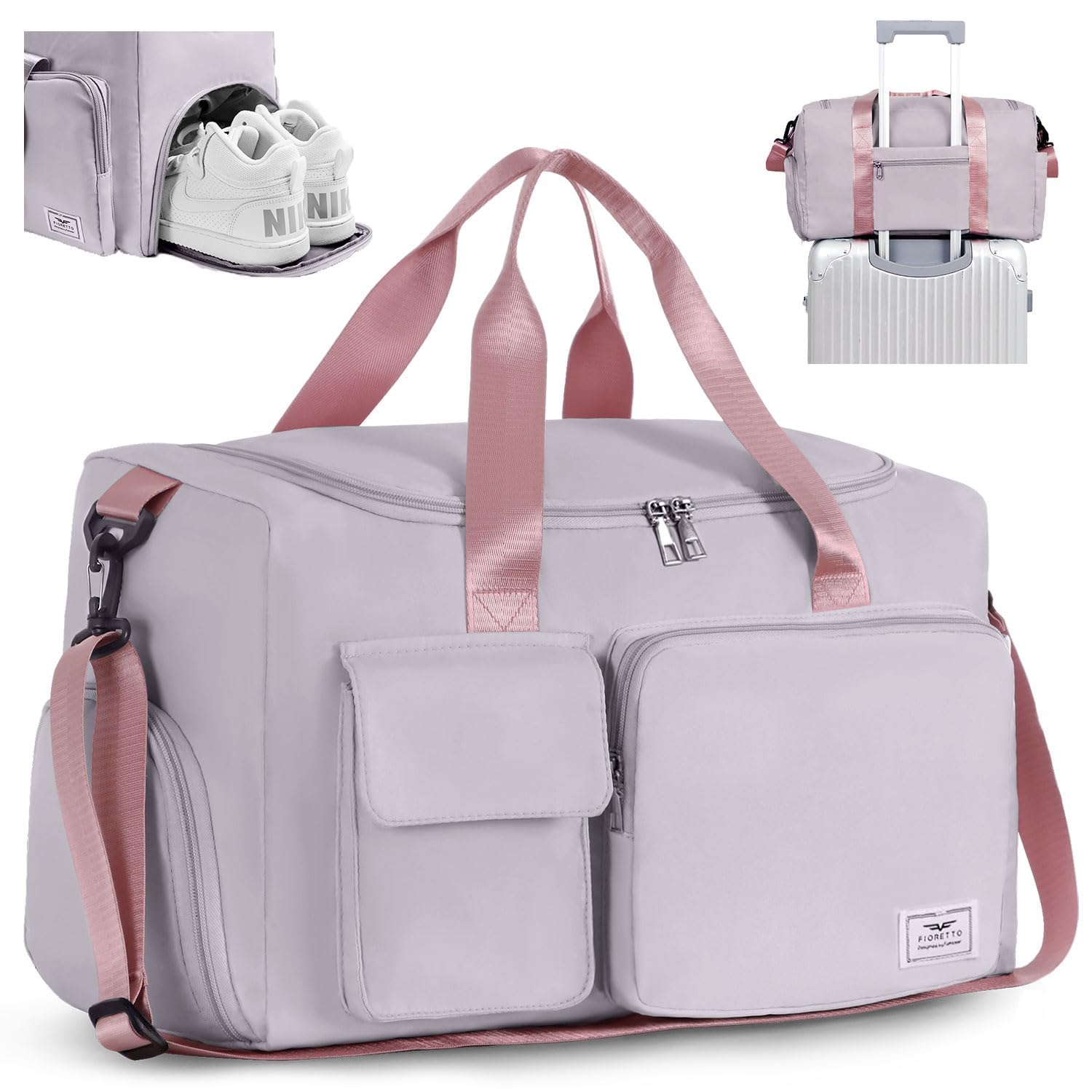 FIORETTO 35L Damen Sporttasche Faltbare Reisetasche mit Schuhfach und Nassfach, Wasserabweisende Weekender Gym Travel Bag Handgepäck Tasche Trainingstasche für Damen Herren Hellgrau&Rosa
