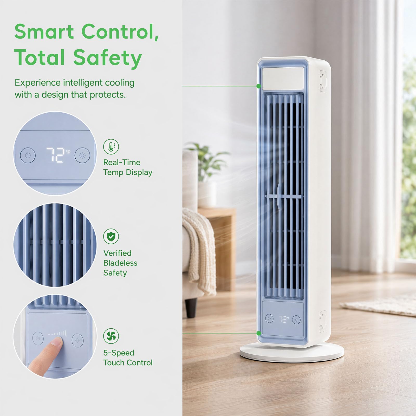 Rafraîchisseur d'air portable ultra-silencieux, climatiseur portable pour chambres, ventilateur sans pales avec mode nuit, 3 vitesses, unité de refroidissement compacte pour un sommeil réparateur