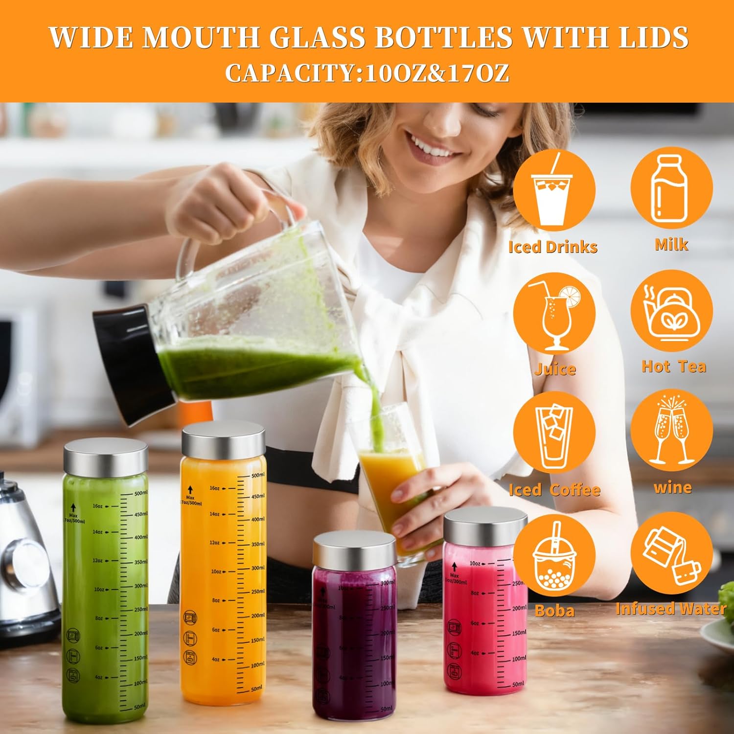 Glass Juice Bottles 16 Oz, Wide Mouth Reusable Clear Glass Water Bottles with Graduations 100% Leak Proof Stainless Steel Lids, BPA Free, Fits in Cup Holder Juice Containers Set of 4