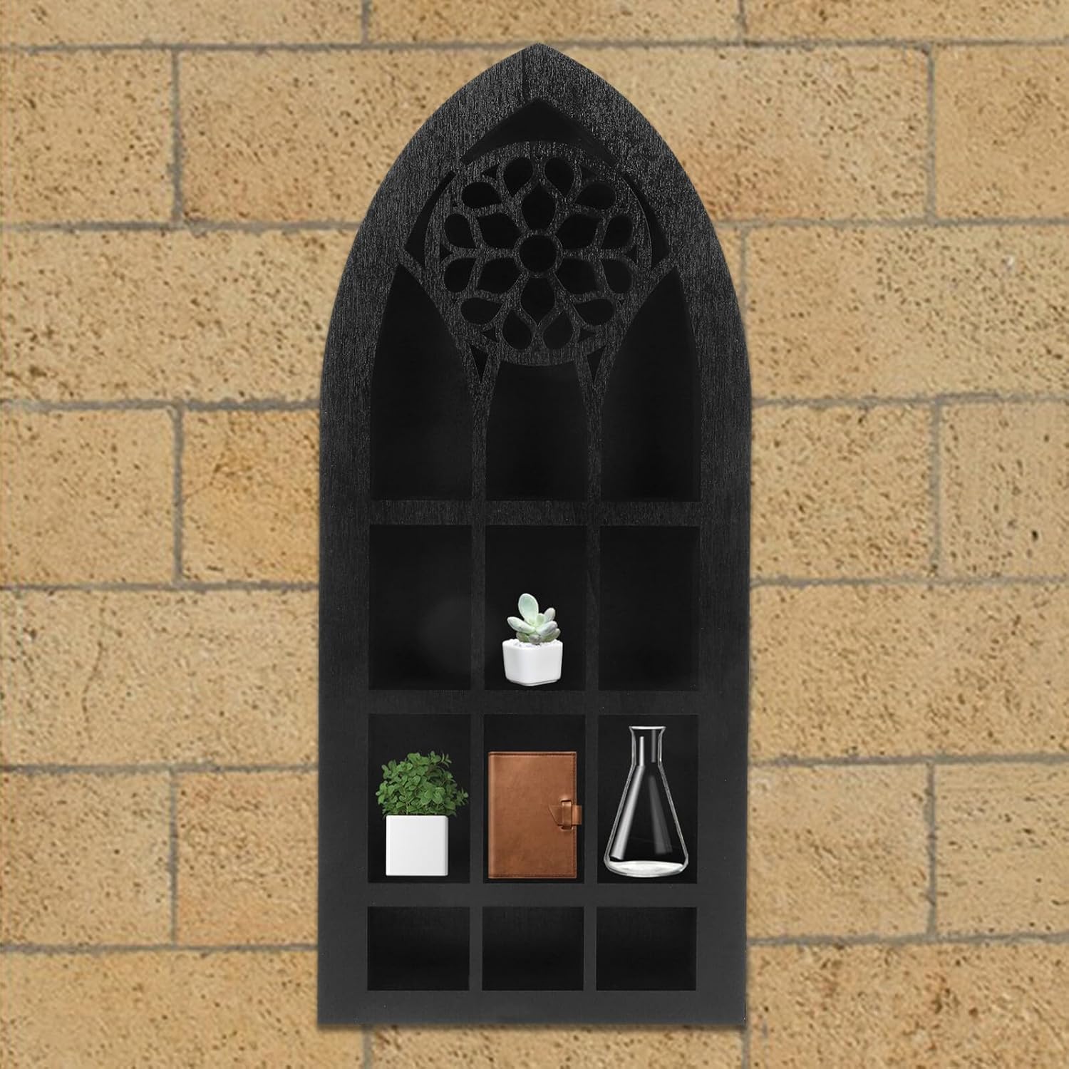 Crystal Display Shelf for Stones, Small Wall-Mounted Black Wood Floating Shelf, Decorative Bohemian Crystal Display Stand for Halloween and Holiday Home Décor