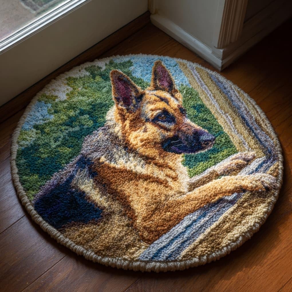kitphoenix Creative Round Latch Hook Rug Kit German Shepherd 50 X 50Cm Handmade Latch Hook Kits for Adults for Christmas Carpet Beginners Adults