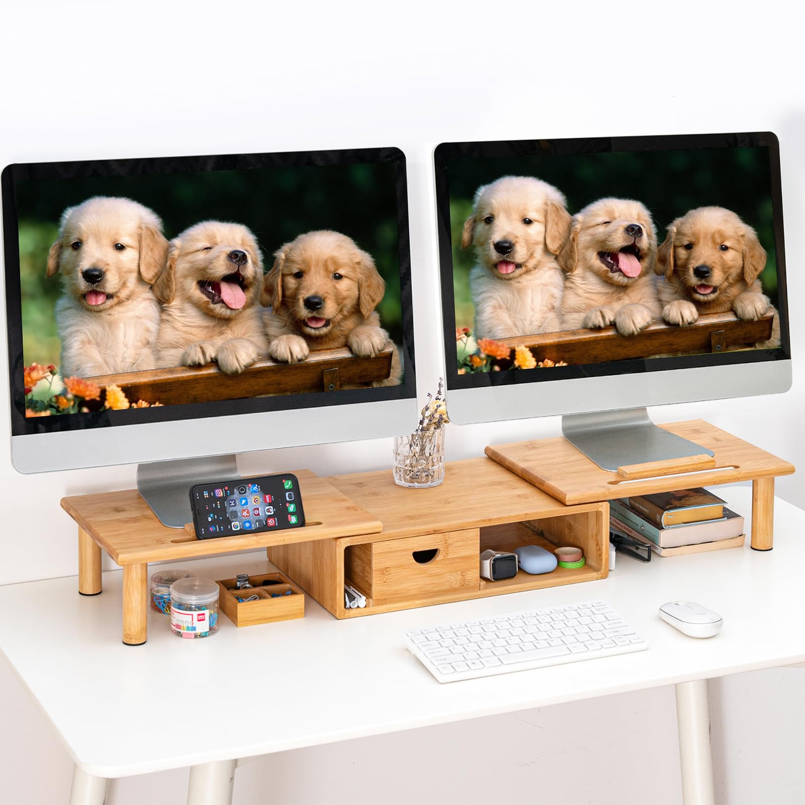Bamboo Dual Monitor Regal für 2 Monitore, Monitor Stand Riser, darunter Lagerung für Schreibtisch Bürobedarf, und unterstützt für Computer-Monitor, schwere TV Riser bis zu 130 lbs, Natur