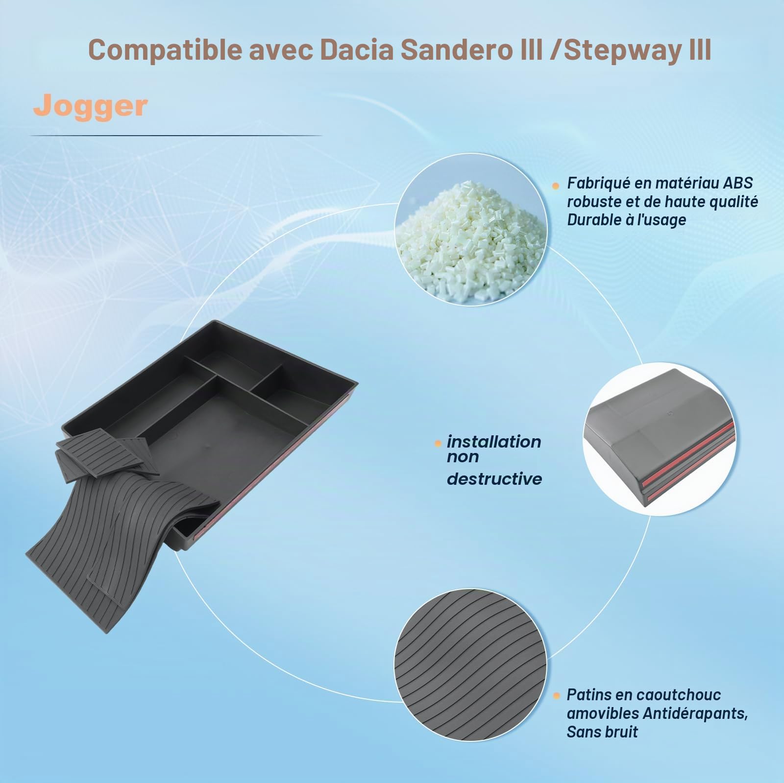 BIXUAN Compatible avec Dacia Sandero III Stepway III Jogger Console centrale Boîte de rangement pour boîte de rangement Accessoires Accoudoir Organisateur Accoudoir Plateau Accoudoir central Boîte à