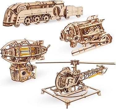 UGEARS Bundles Steampunk Submarine, Mini Locomotive, Mini Helicopter, Steampunk Airship Ugears Wooden 3D Puzzles for Adults - Wood Mechanical Model with Moving Parts for Adults to Build - Building Kit