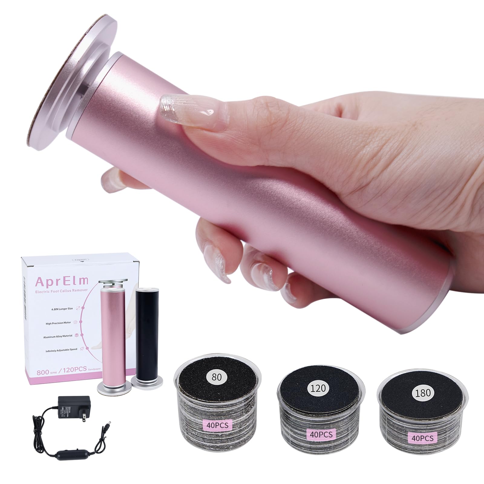 12.2CM Longer Electric Foot Callus Remover with 80pcs Sandpaper Discs, Professional Aluminum Callus Remover for Feet, Stepless Speed Control Pedicure Tools for Dead Skin (Pink)