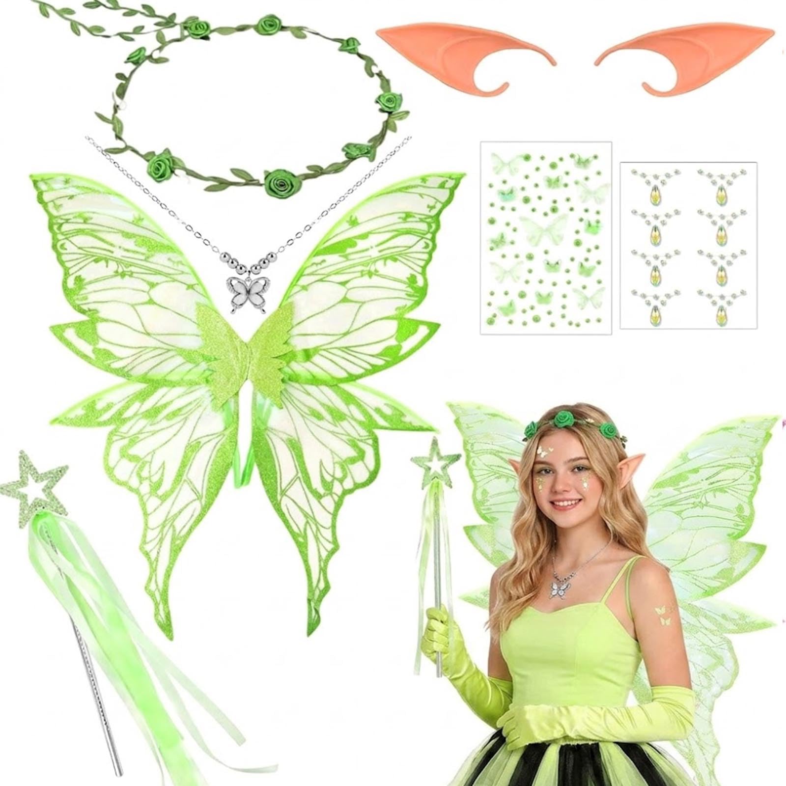 Alas de Hadas para Adultos Niños, Disfraz de Hada con Alas De Mariposa, Orejas De Elfo, Diadema de Hada Y Varitas De Estrellas, Alas de Elfo Fairy Wings para Carnaval, Cumpleaños, Cosplay