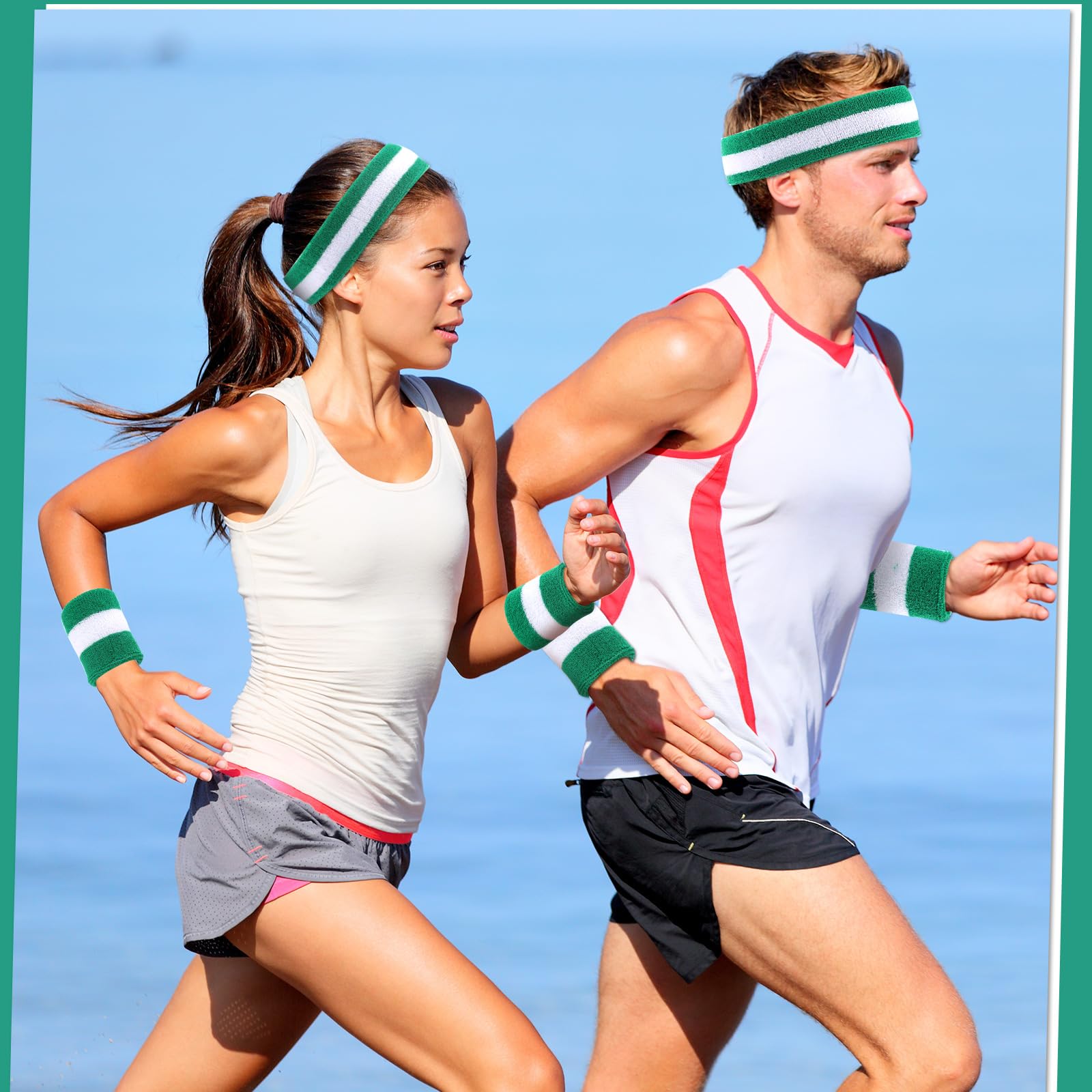 Diademas a rayas para mujeres y hombres, bandas de algodón atléticas para el sudor para niños y niñas, entrenamiento, baloncesto, correr, tenis al aire libre (blanco, verde, 24 juegos)
