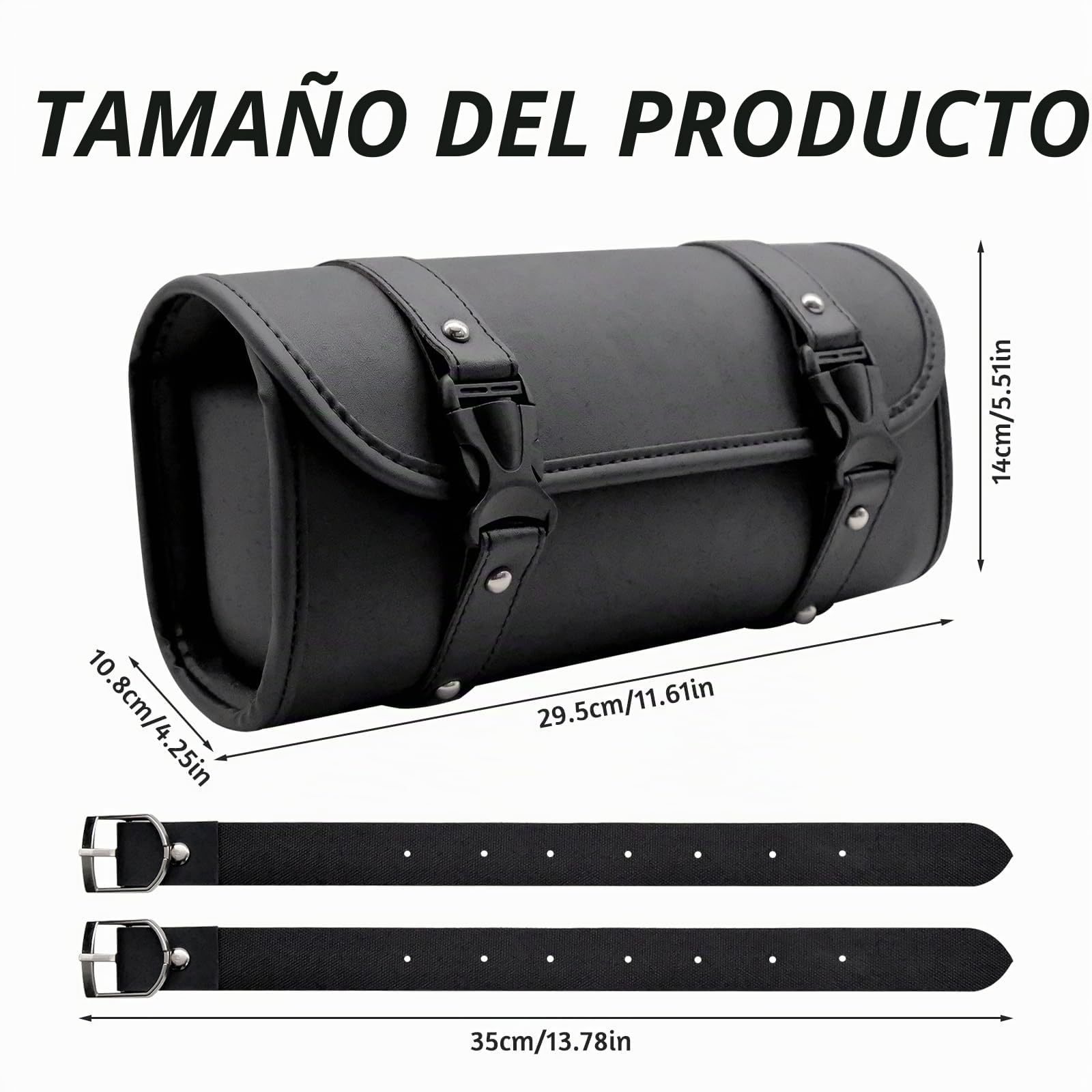 Bolsa de Herramientas para Motocicleta de Cuero PU - Bolsa de Sillín, con 2 Correas de Sujeción, Compatible con Manillar y Horquilla (para Harley, Yamaha, Honda, Kawasaki)