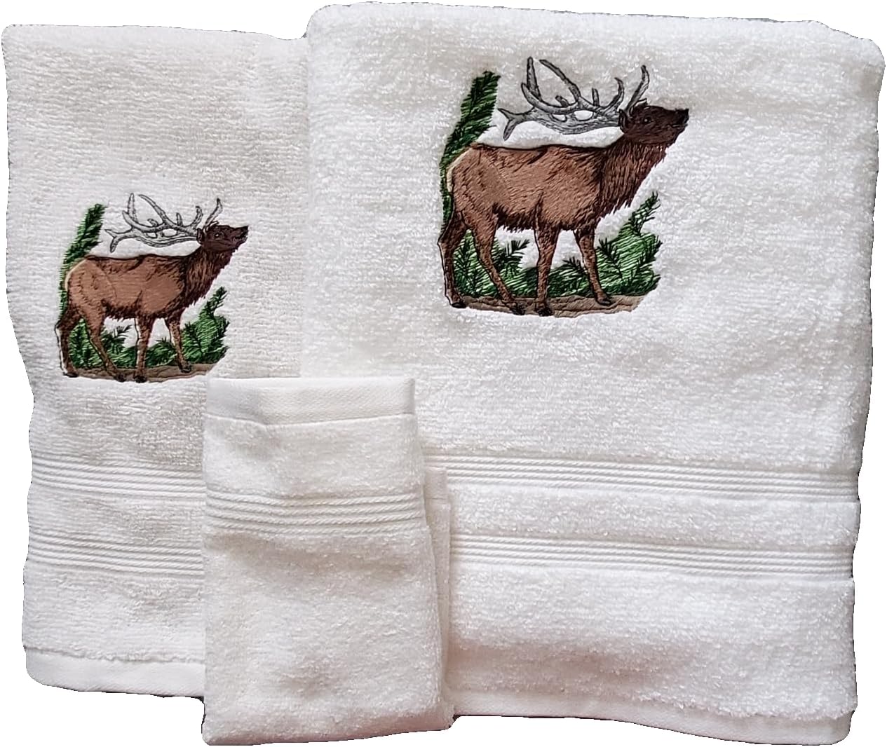 Bath Towel Set with Embroidered Elk with Antlers Design - White Terry