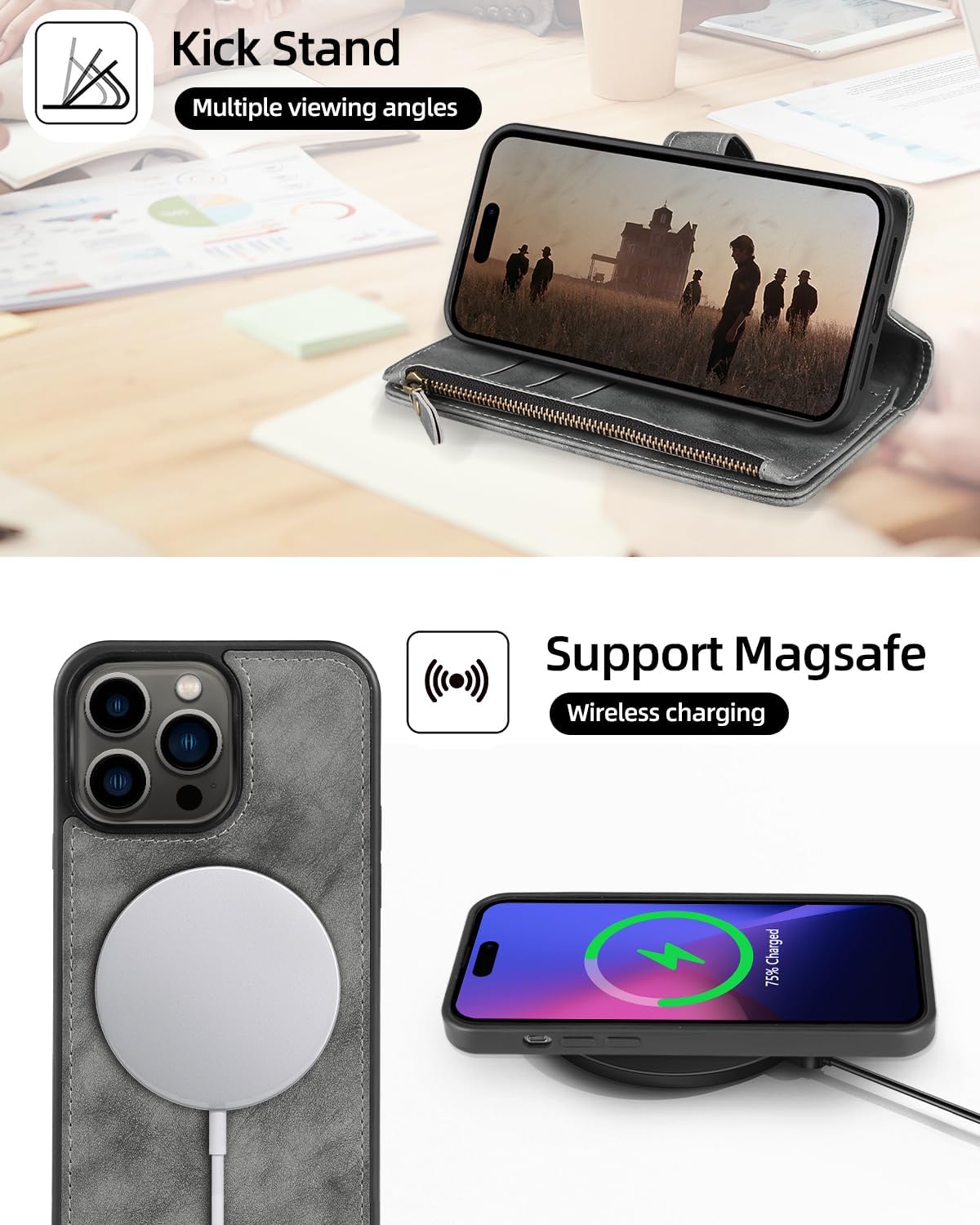 CASEOWL iPhone 14 Pro Max Case Wallet [Support Magsafe Charger] Magnetic Detachable Flip Leather Wallet Phone Case with 10 Card Slots[RFID Blocking], Zipper Pocket, Stand, Strap for Women Men,Gray