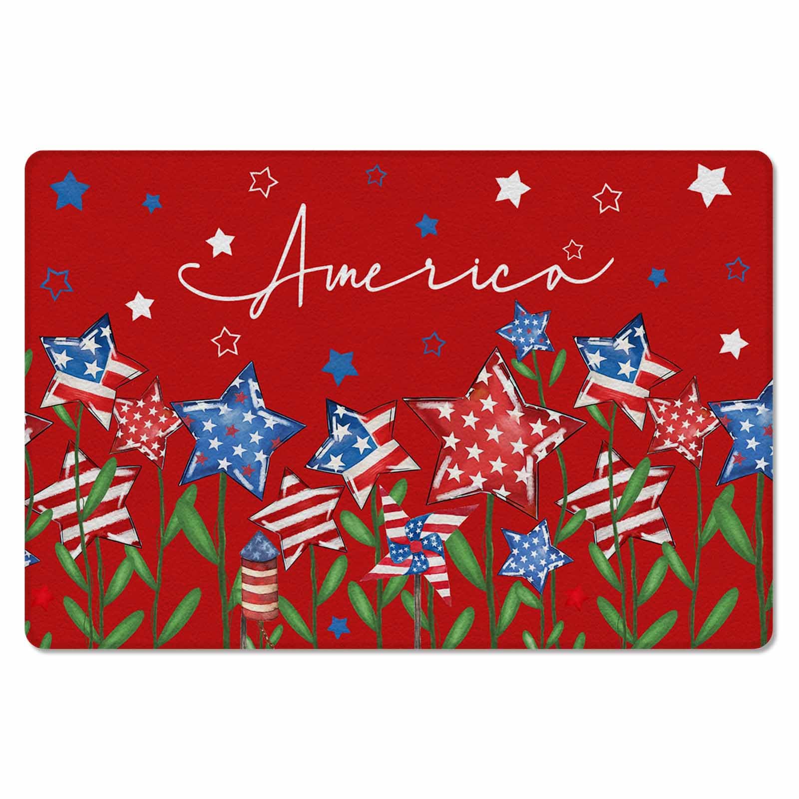 Red Patriotic Flower Antifatigue Kitchen Bath Door Mat Cushioned Runner Rug,Washable Welcome Floor Sink Mat,Waterproof & Non-Slip Standing Doormat for Kitchen,Modern 4th of July Star Flag 18
