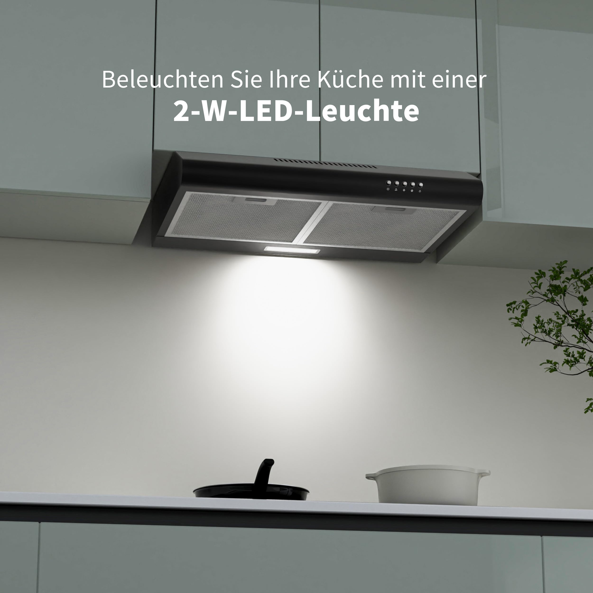 FIREGAS Dunstabzugshaube 60 cm, Umluft- und Abluftbetrieb, 250 m³/h, 3 Leistungsstufen, inkl. Kohlefilter, LED-Beleuchtung, Schwarz
