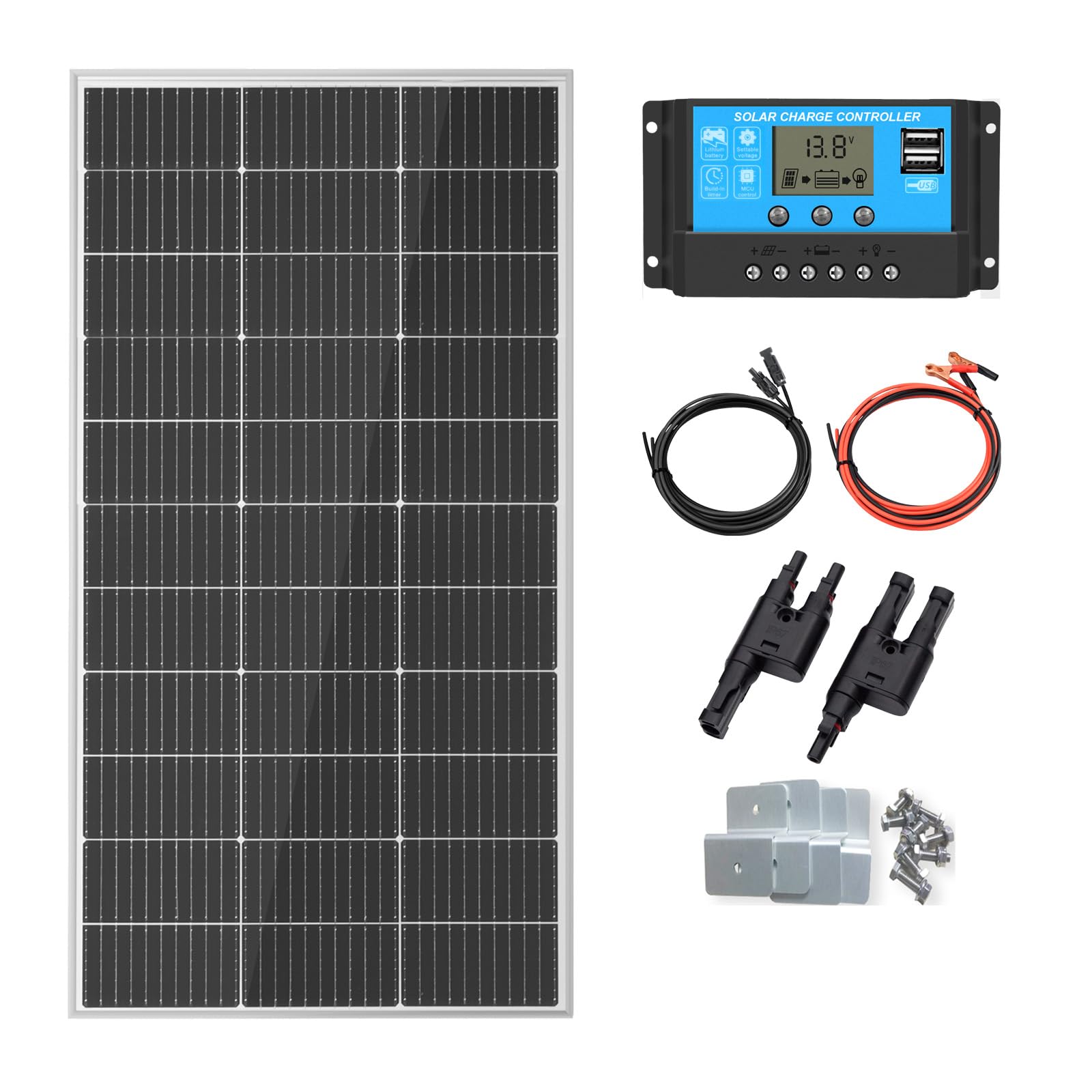 Kit panel solar 100 vatios 12 voltios monocristalino sistema fuera de red para casa RV barco + controlador de carga solar PWM 10 A 12 V/24 V + cables solares de 3 m + soporte en Z para montaje