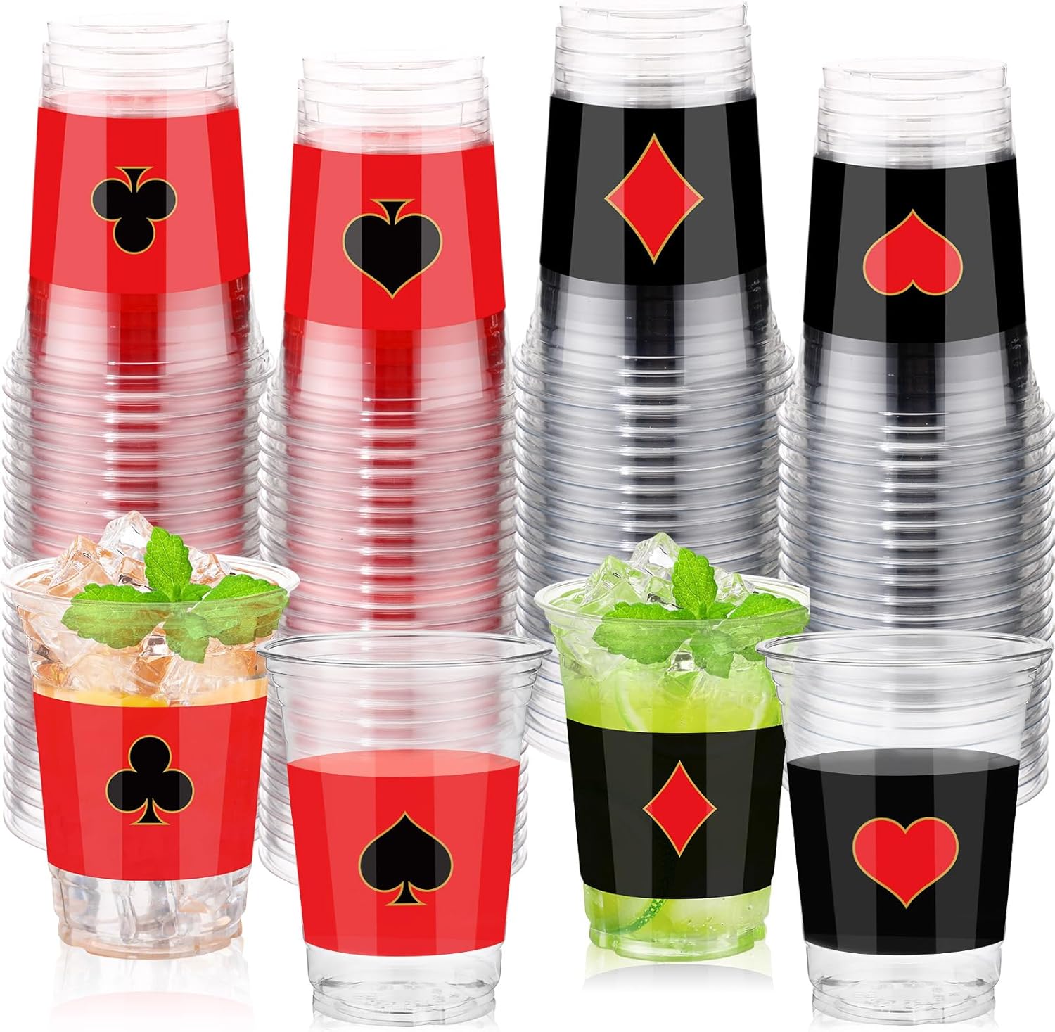 100 Pcs Casino Plastic Cups Bulk 16 oz Clear Disposable Cups Tumblers for Cold Beverage Drinking Beer Snacks Candies for Themed Party Supplies Decorations Favors