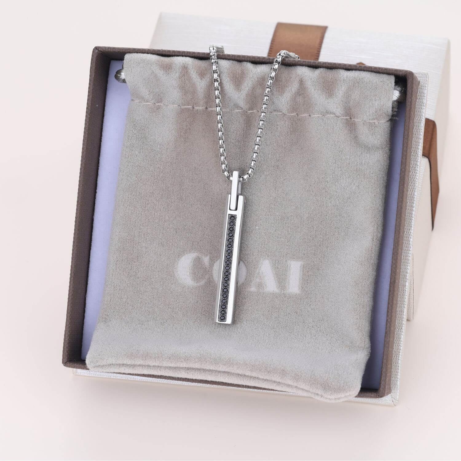 COAI CZ Paved Bar Pendant Necklace for Men, Stainless Steel Necklace for Men, 20-26" Box Chain - Image 6