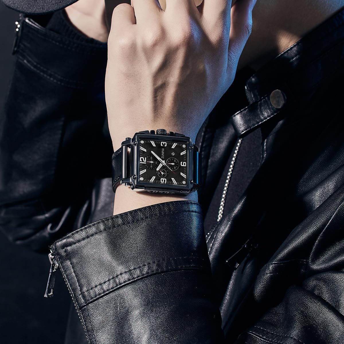 senstone Men's Square Chronograph Quartz Watch Waterproof Luminous Wristwatch with Date Calendar, Leather Strap Stylish Casual Dress Watch for Men - Image 3