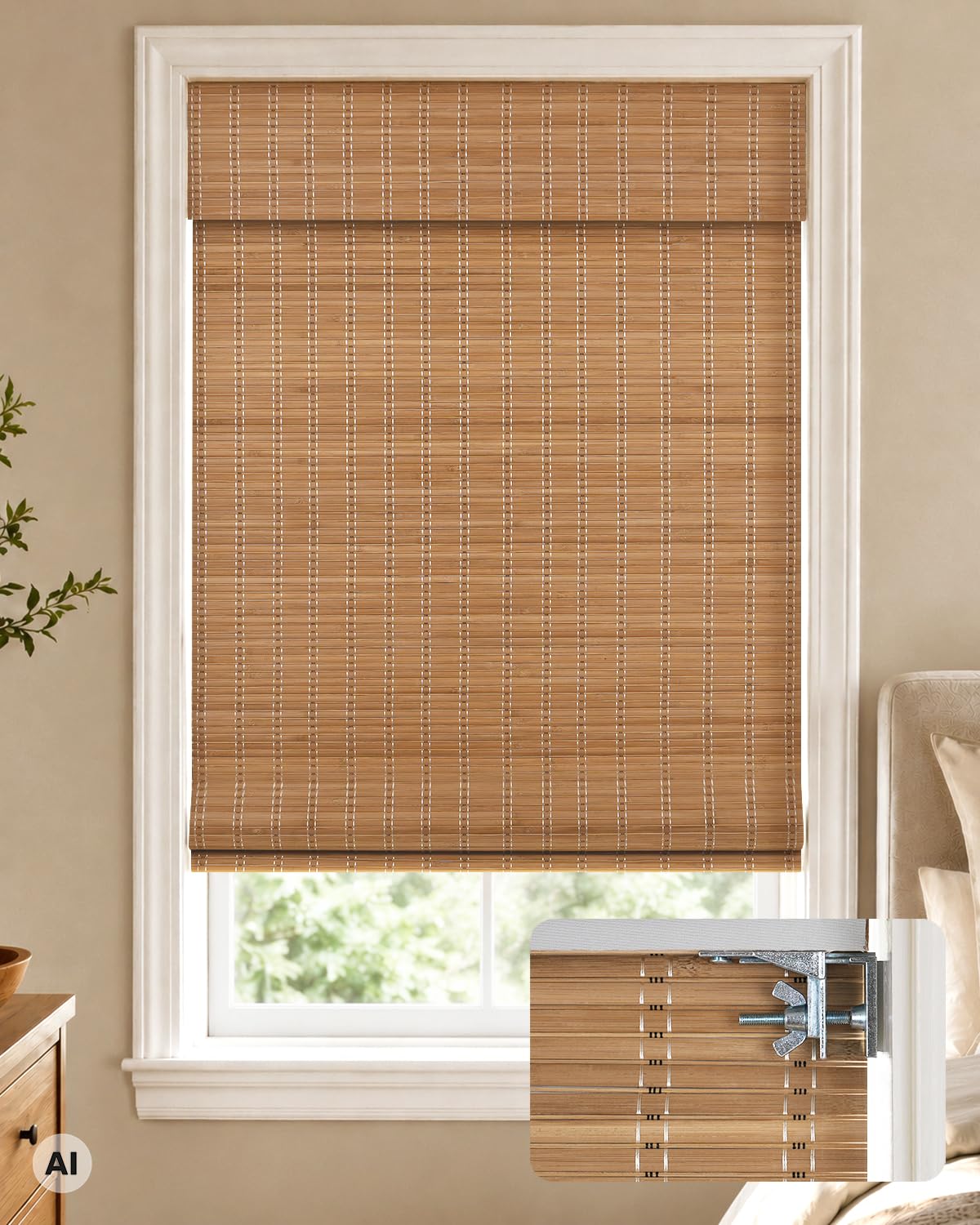 Photo 1 of LazBlinds Bamboo Roman Shades, Cordless, 100% Blackout, 34.5"W x 64"H